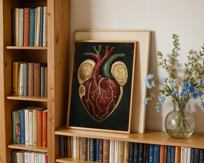 Anatomical Heart Cross Section Golden Vessels Canvas Wall Art — Ornate medical illustration features shimmering coronary arteries on aged manuscript-style canvas