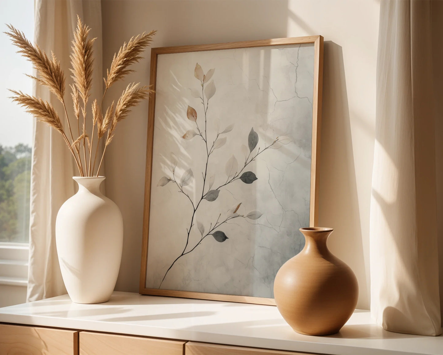 Minimalist Botanical Art Translucent Branches Canvas Wall Art — Clean-lined wall decor featuring ethereal foliage emerging from stone-textured backgrounds in neutral spaces