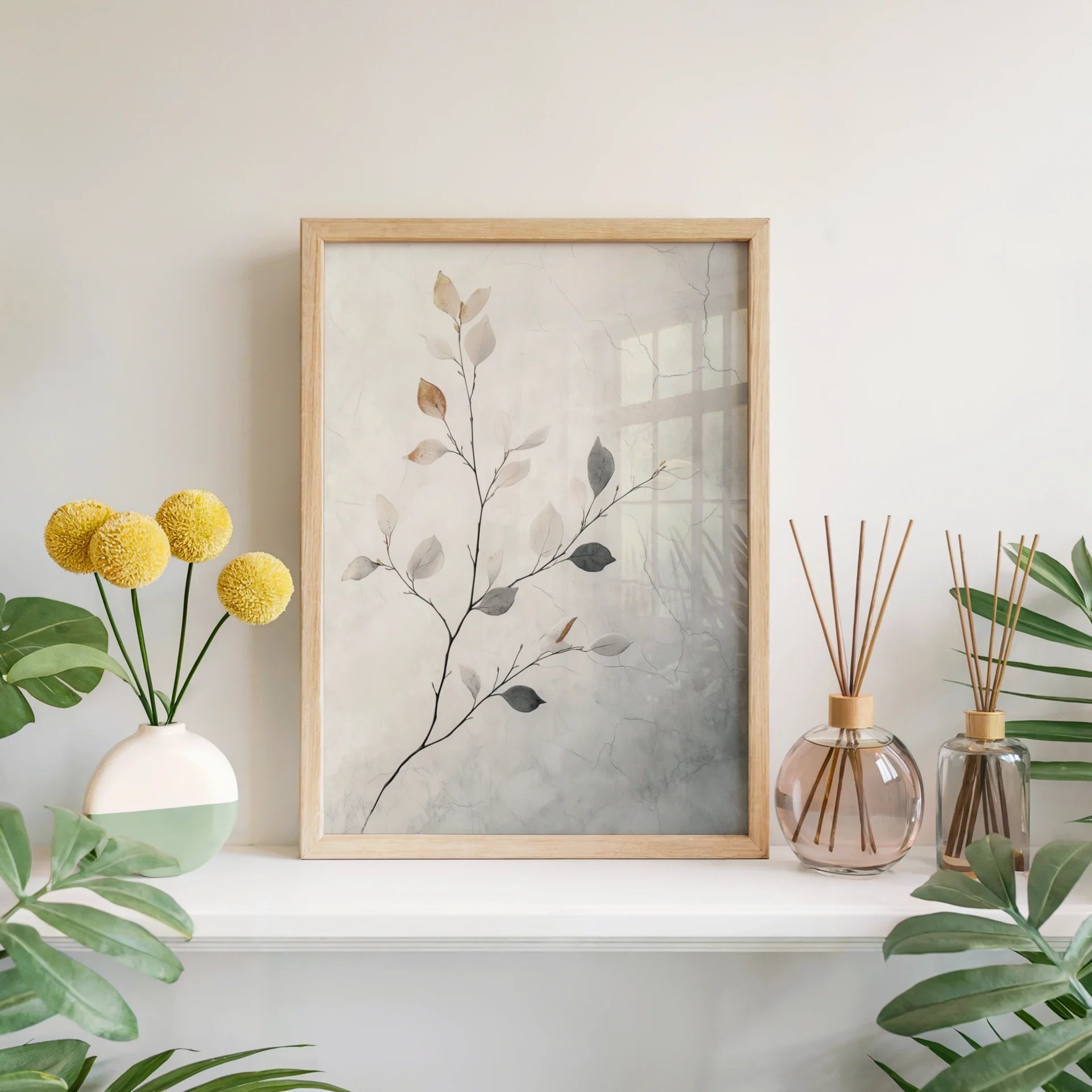 Minimalist Botanical Art Translucent Branches Canvas Wall Art — Eastern-influenced design showing ghostly plant forms floating through translucent veils for mindful living spaces