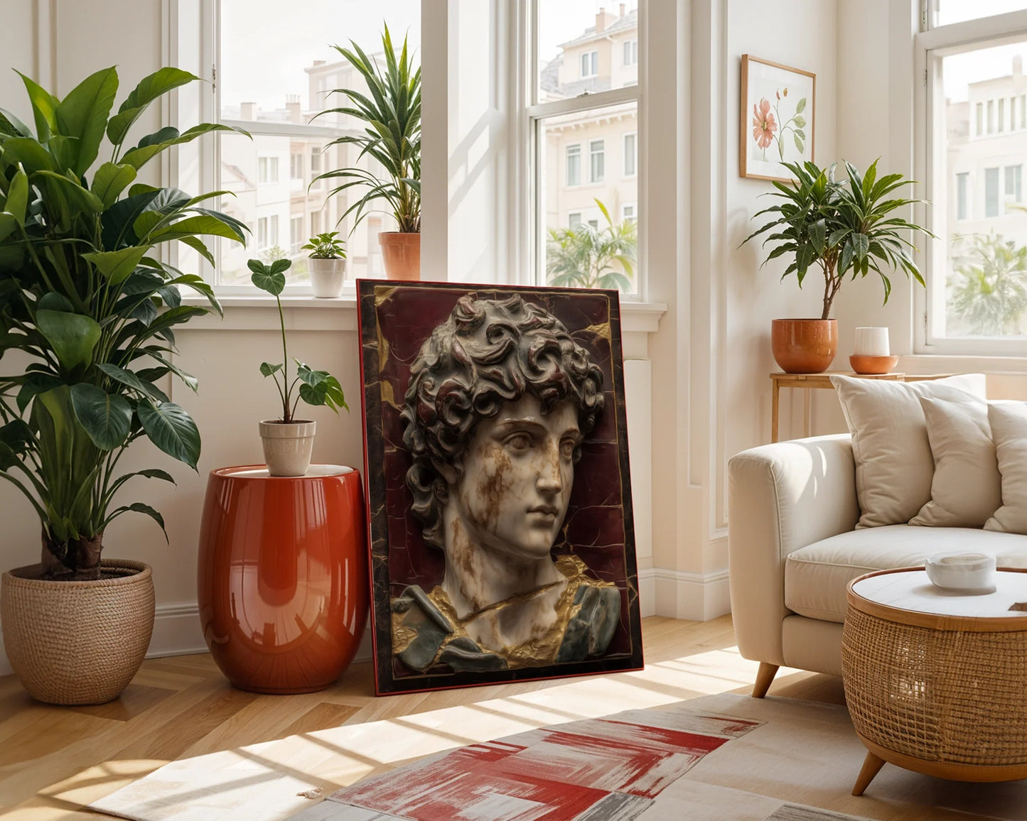 Renaissance Marble David Fractured Burgundy Patina Canvas Art — Moody academia-inspired living space showcasing classical bust artwork with aged burgundy tones