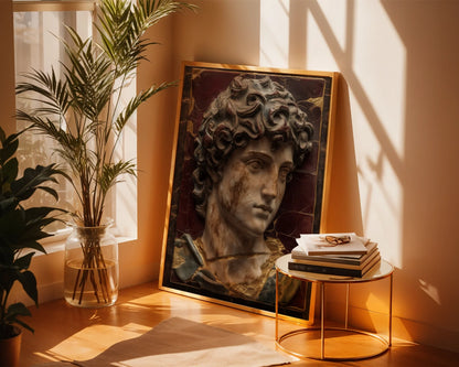 Renaissance Marble David Fractured Burgundy Patina Canvas Art — Gothic interior design featuring crumbling stone figure canvas art with oxidized copper accents