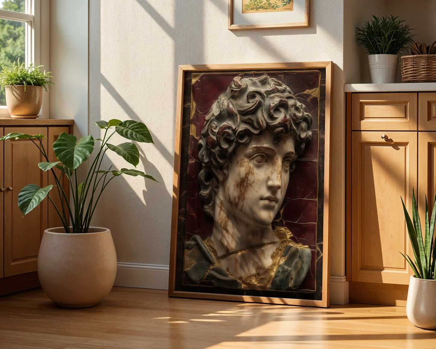 Renaissance Marble David Fractured Burgundy Patina Art in room