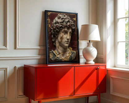 Renaissance Marble David Fractured Burgundy Patina Art in room