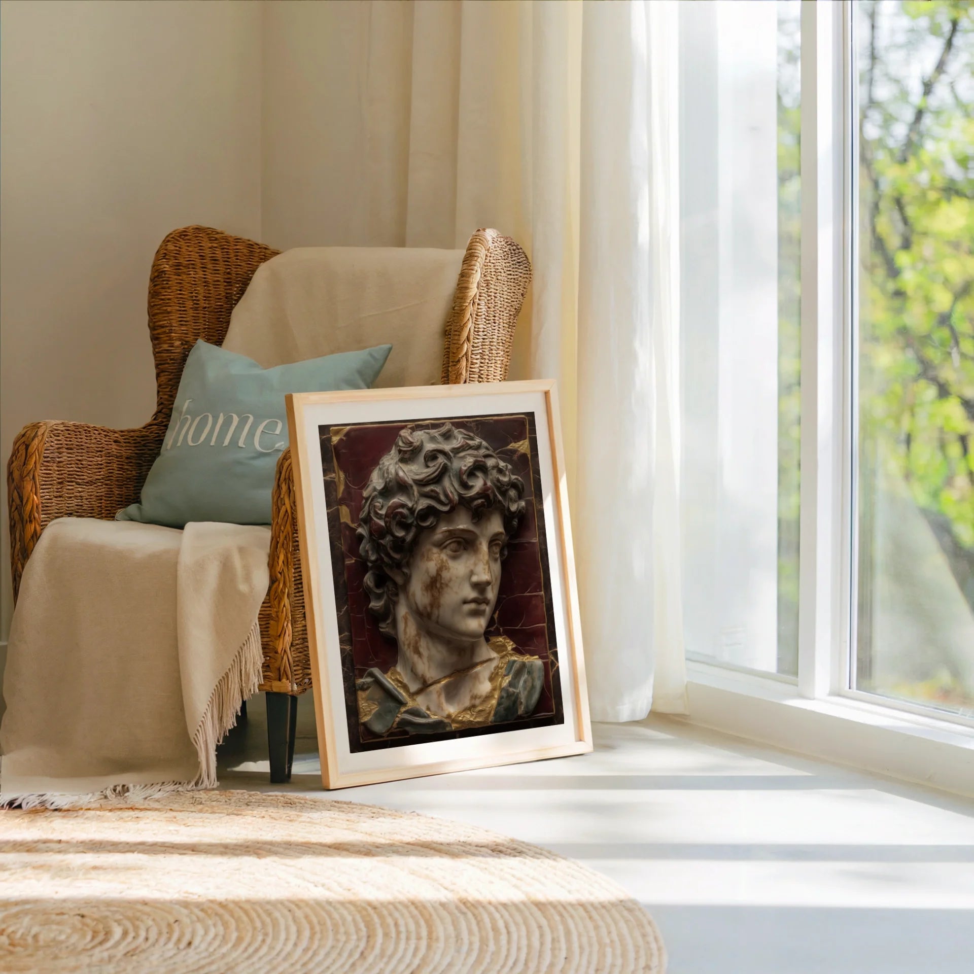 Renaissance Marble David Fractured Burgundy Patina Art in room