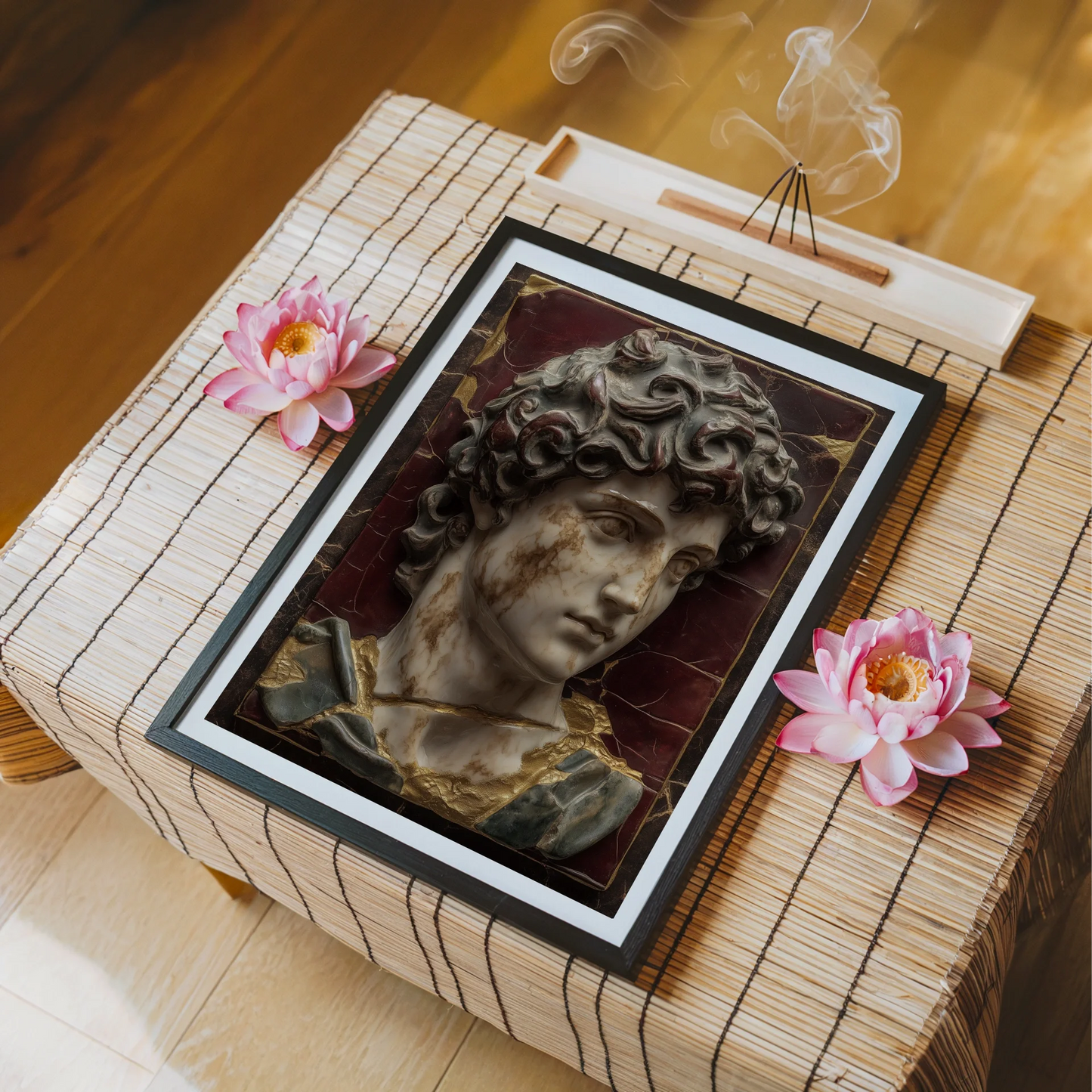 Renaissance Marble David Fractured Burgundy Patina Art in room