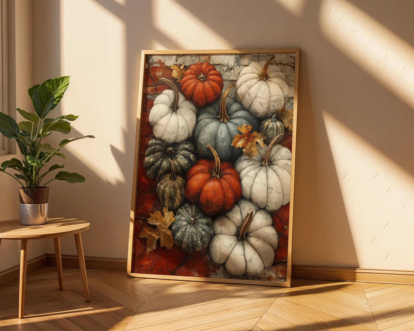 Autumn Pumpkin Heirloom Gourd Farmhouse Canvas Wall Art — Shabby chic artwork featuring weathered gourds nestled by old stone walls in styled interior