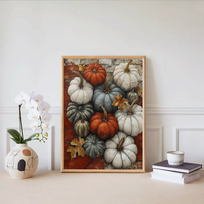 Autumn Pumpkin Heirloom Gourd Farmhouse Canvas Wall Art — Classic fall canvas showing aged vegetables resting against worn brick for heritage home decor