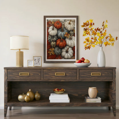 Autumn Pumpkin Heirloom Gourd Farmhouse Canvas Wall Art — Burnt sienna and cream tones create textured canvas with rough plaster feel for warm interiors