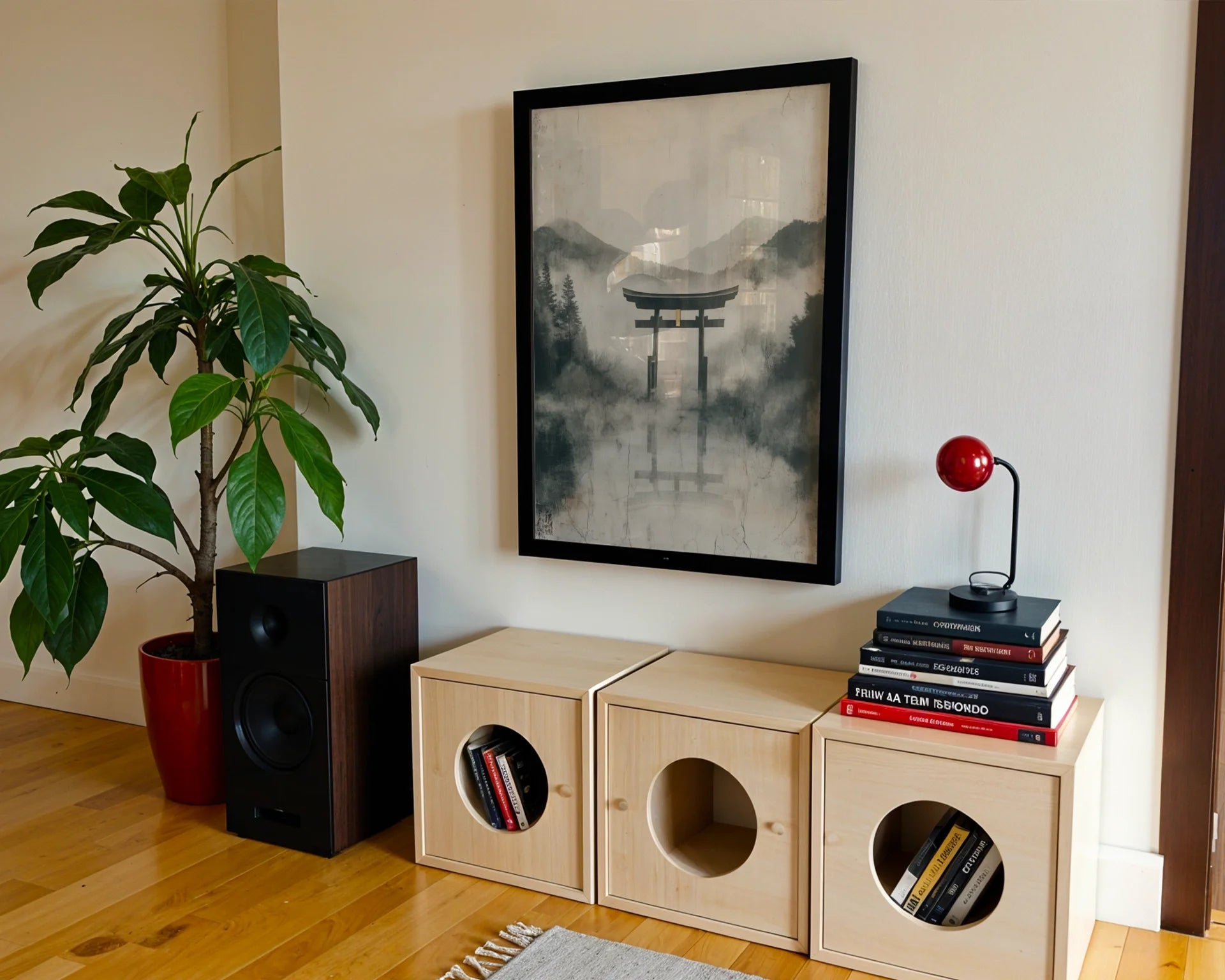 Japanese Torii Gate Misty Mountain Japandi Canvas Wall Art — Scandinavian-inspired artwork featuring ethereal shrine entrance through morning fog for modern homes
