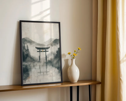 Japanese Torii Gate Misty Mountain Japandi Canvas Wall Art — Contemporary Asian-influenced print showcasing ancient portal reflected in calm waters for zen spaces