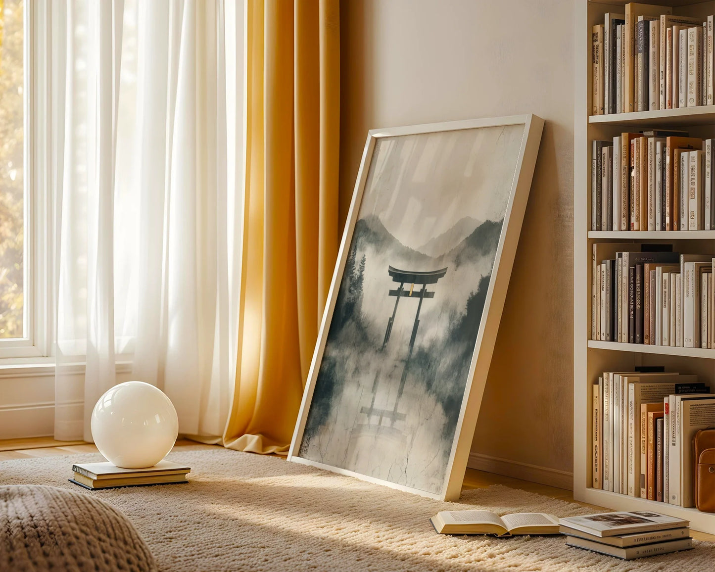 Japanese Torii Gate Misty Mountain Japandi Canvas Wall Art — Clean-lined spiritual artwork displaying foggy gateway scene perfect for minimalist interior design