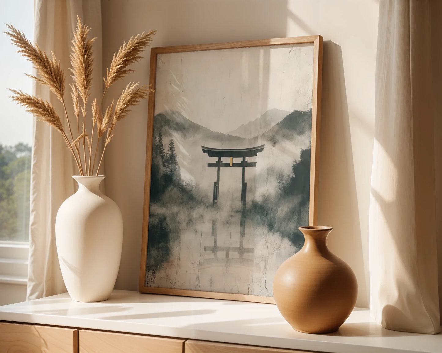 Japanese Torii Gate Misty Mountain Japandi Canvas Wall Art — Organic home art featuring weathered shrine portal mirrored in still lake for tranquil decor