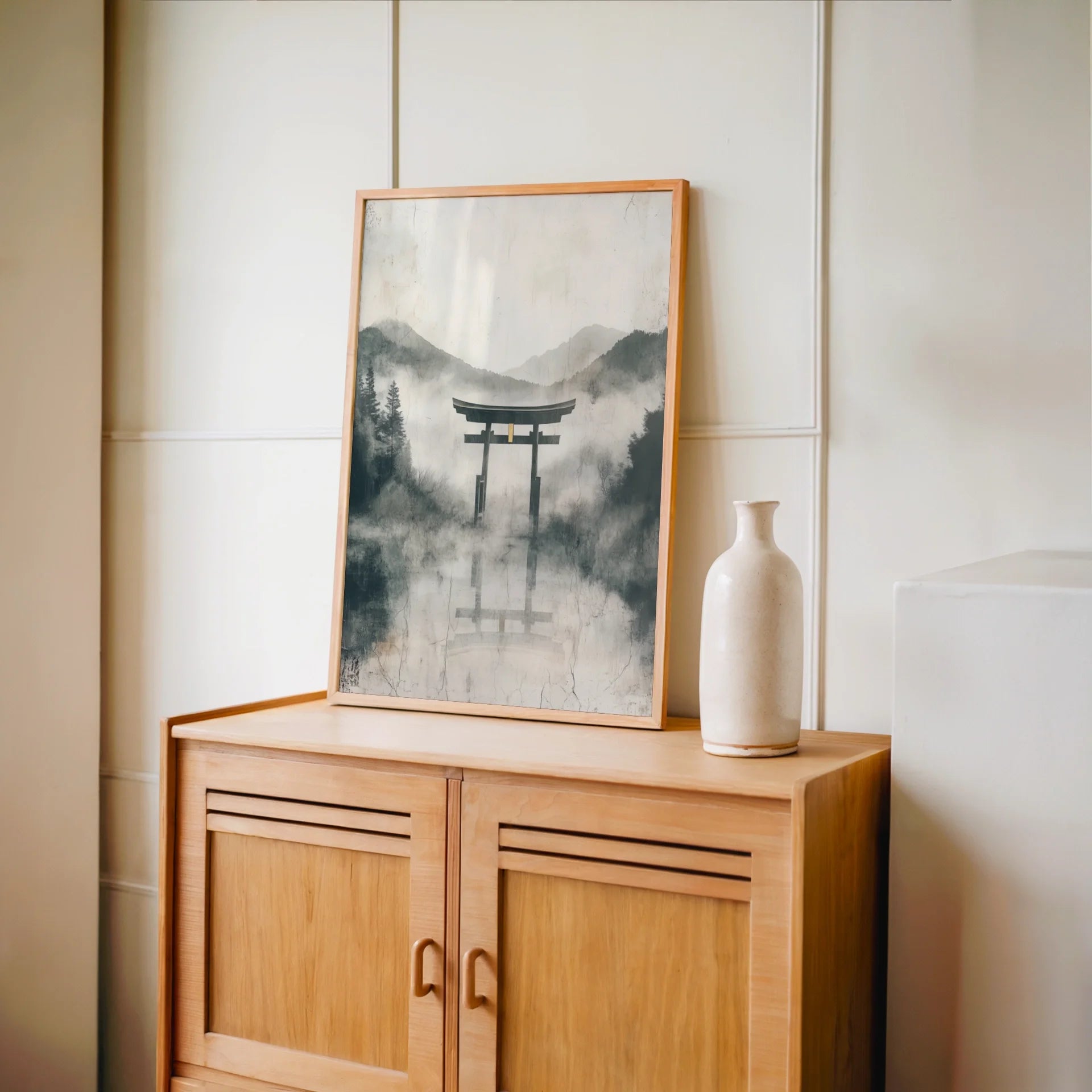 Japanese Torii Gate Misty Mountain Japandi Canvas Wall Art — Sage-toned artwork with creamy backdrop displaying mystical portal scene on textured canvas surface