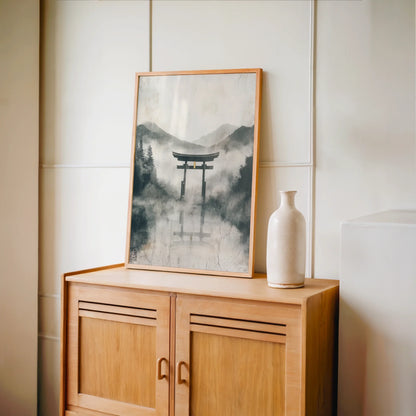 Japanese Torii Gate Misty Mountain Japandi Canvas Wall Art — Sage-toned artwork with creamy backdrop displaying mystical portal scene on textured canvas surface