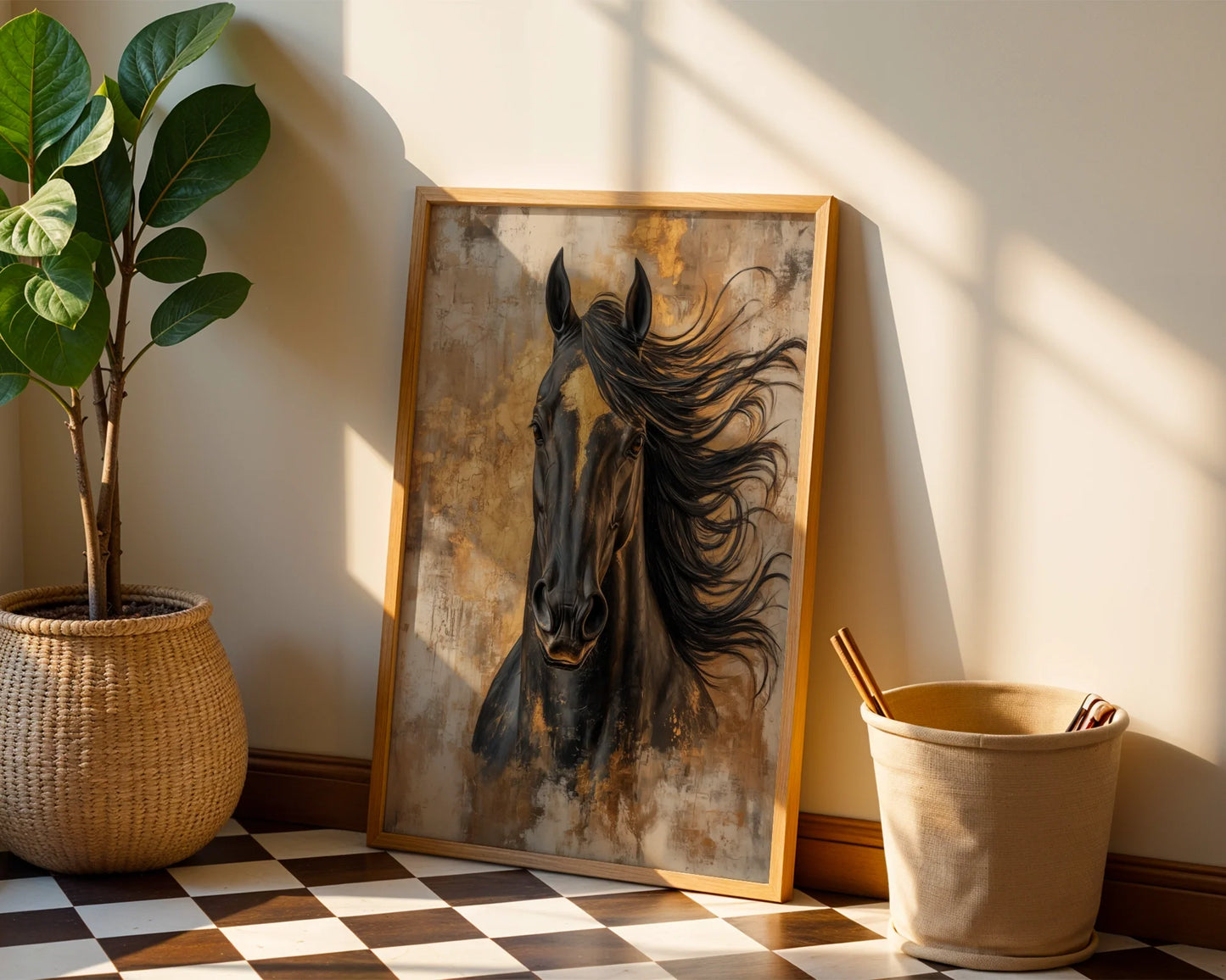 Large Black Horse Painting Gold Tempest Canvas Wall Art — Sophisticated equine artwork showcasing dramatic stallion silhouette for upscale interior design