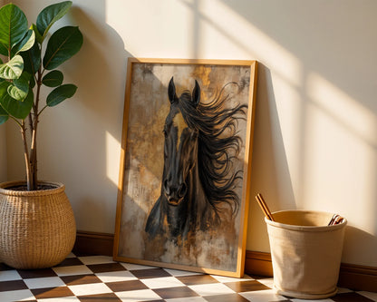 Large Black Horse Painting Gold Tempest Canvas Wall Art — Sophisticated equine artwork showcasing dramatic stallion silhouette for upscale interior design