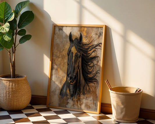 Large Black Horse Painting Gold Tempest Canvas Wall Art — Sophisticated equine artwork showcasing dramatic stallion silhouette for upscale interior design