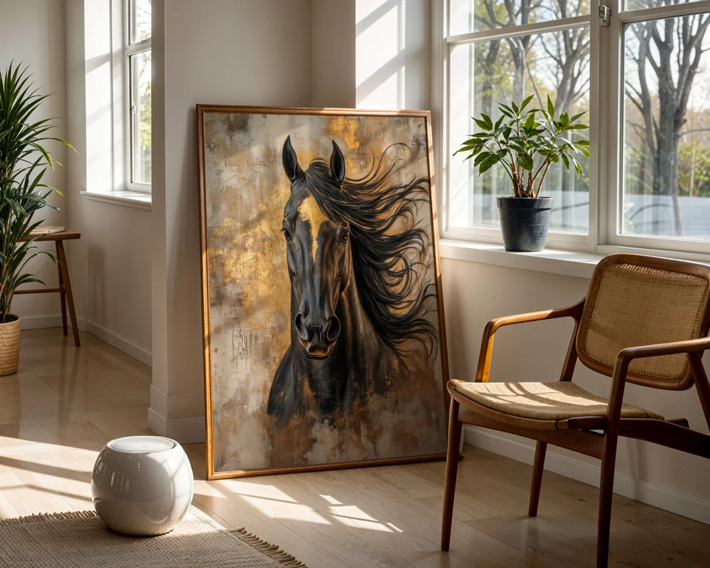 Large Black Horse Painting Gold Tempest in room