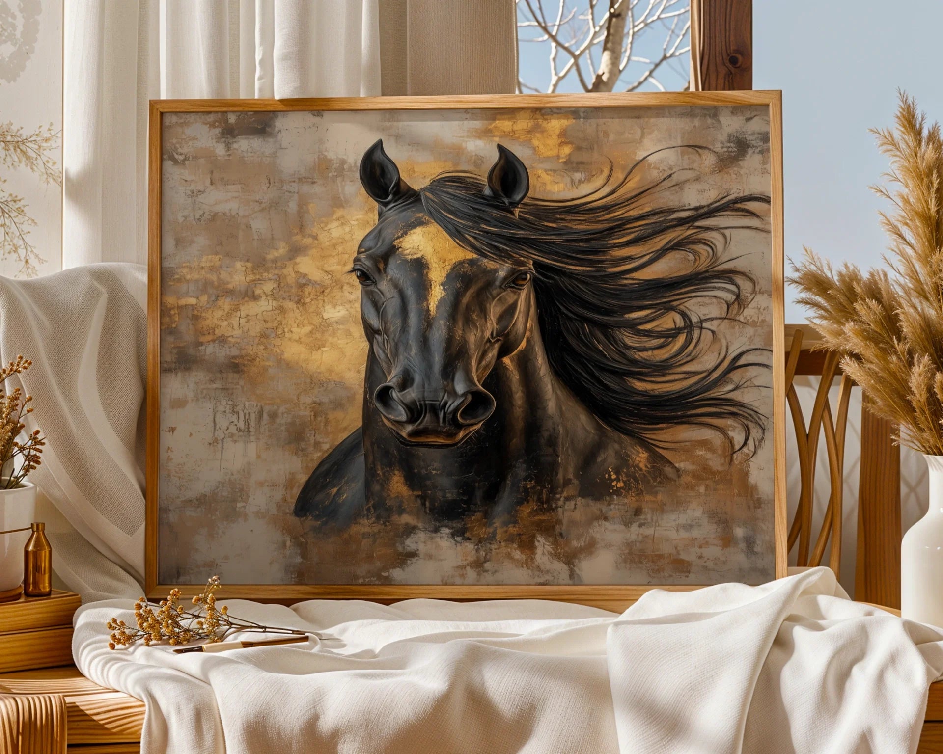 Large Black Horse Painting Gold Tempest Canvas Wall Art — Sleek thoroughbred portrait featuring metallic highlights for chic modern living spaces