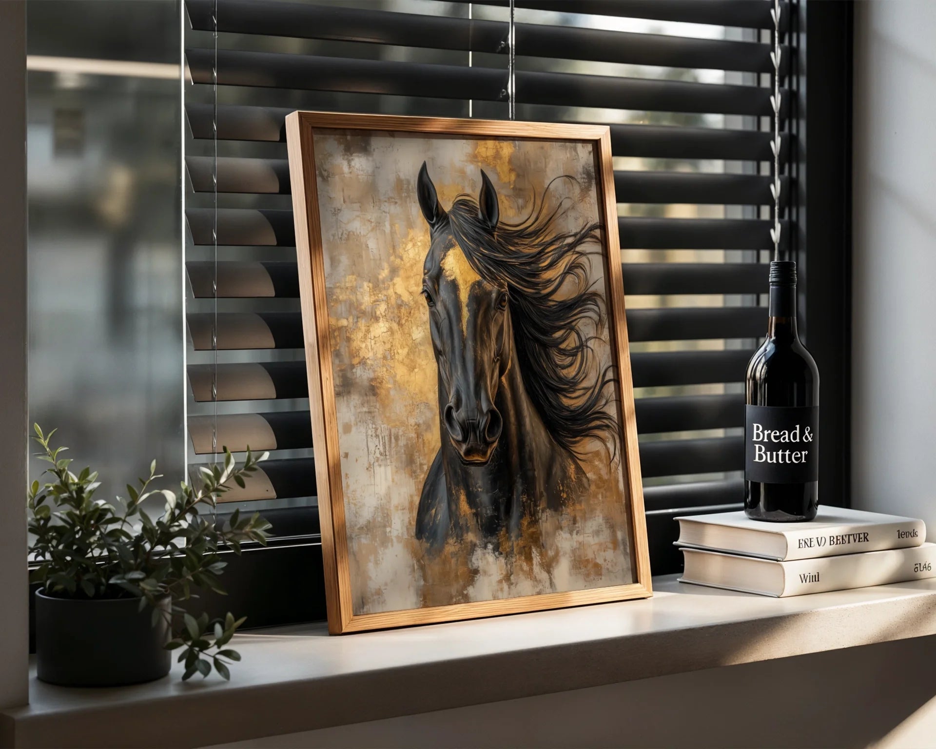 Large Black Horse Painting Gold Tempest Canvas Wall Art — Minimalist equestrian canvas displaying bold horse figure for refined residential interiors