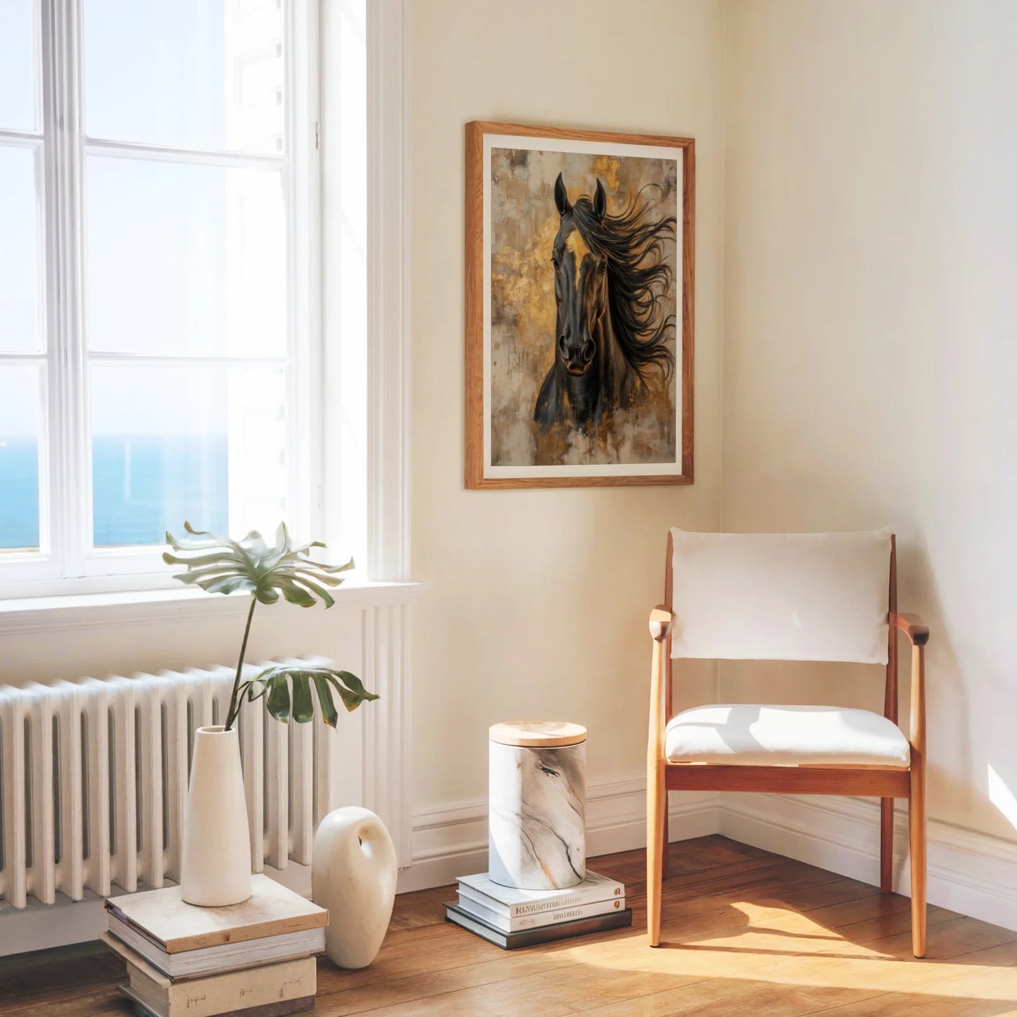 Large Black Horse Painting Gold Tempest in room