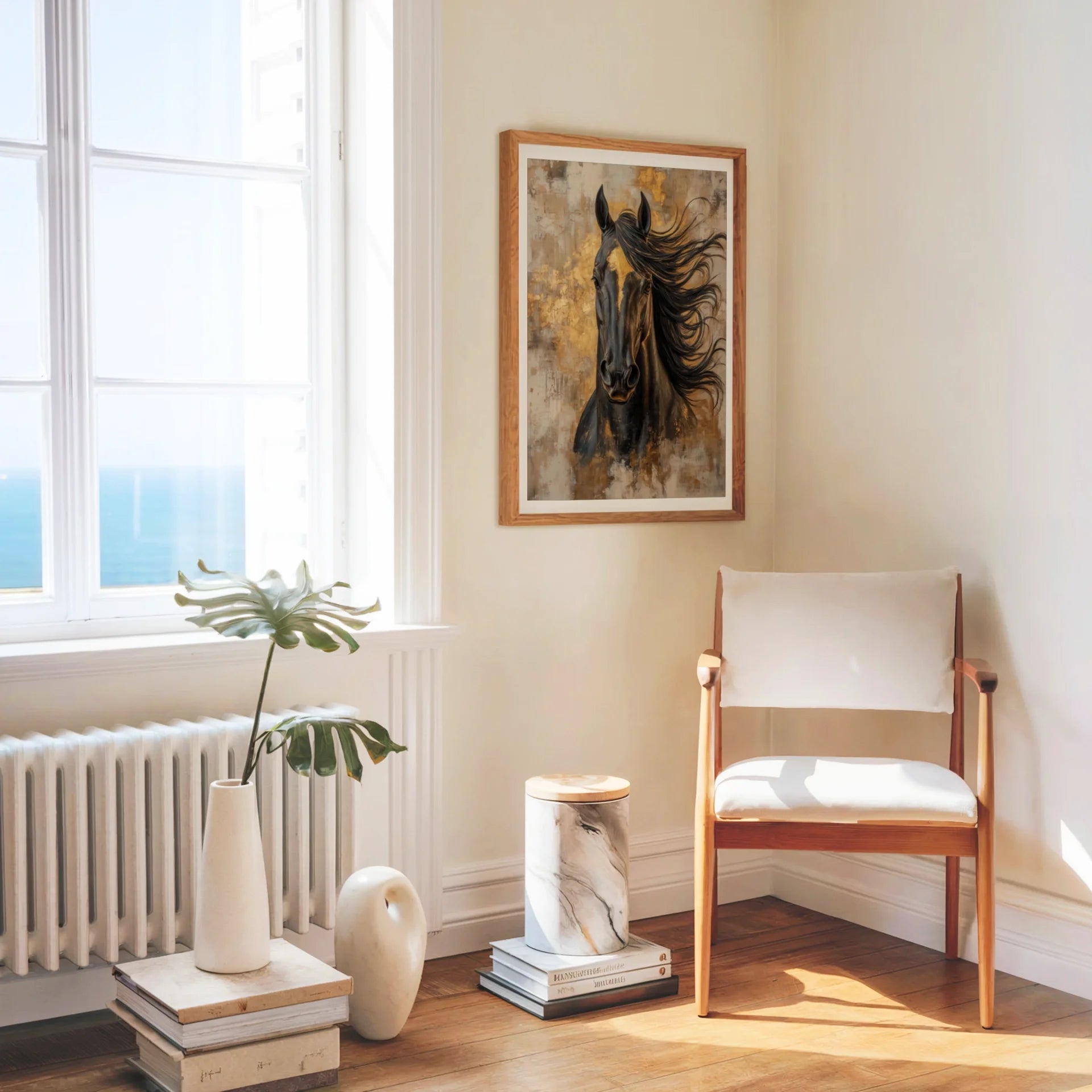 Large Black Horse Painting Gold Tempest in room