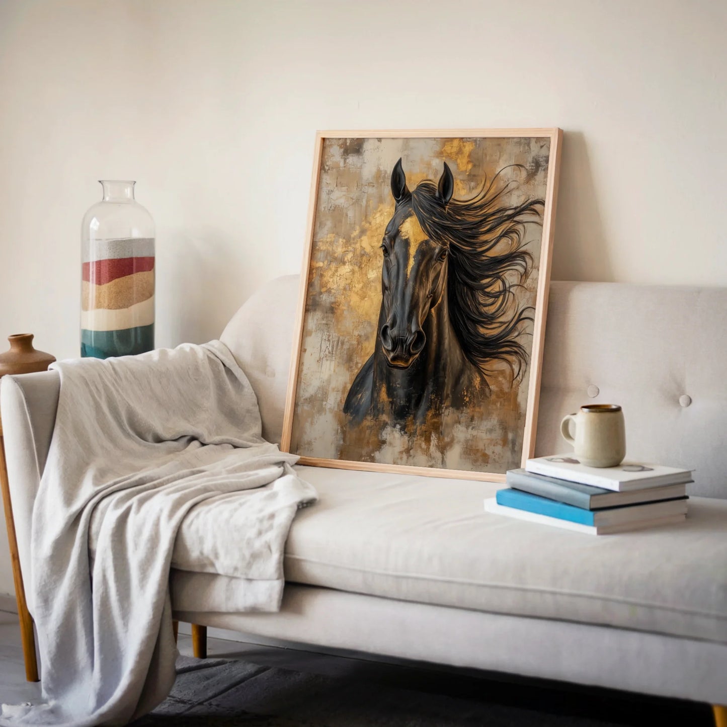 Large Black Horse Painting Gold Tempest in room