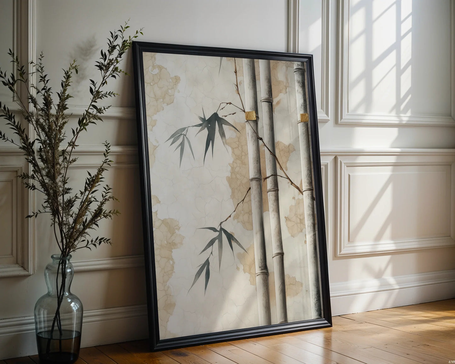 Bamboo Wall Art Japandi Style with Rope Bindings Canvas Print — Minimalist botanical canvas featuring weathered bamboo stems and golden rope details in modern decor