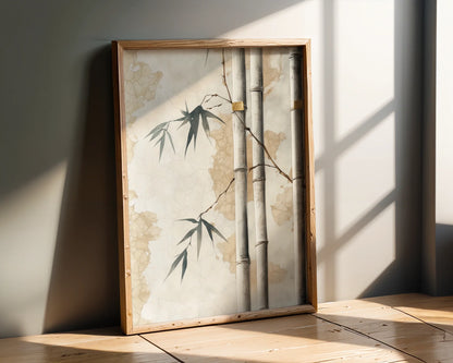 Bamboo Wall Art Japandi Style with Rope Bindings Canvas Print — Oriental inspired artwork showing ancient bamboo canes with textured bindings for contemporary homes