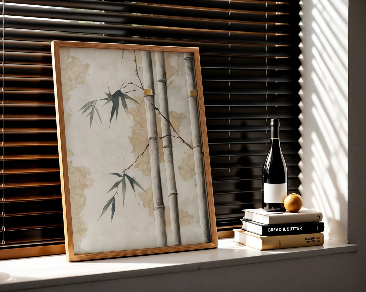 Bamboo Wall Art Japandi Style with Rope Bindings Canvas Print — Serene nature print displaying bamboo poles and twisted cordage in calming neutral tones