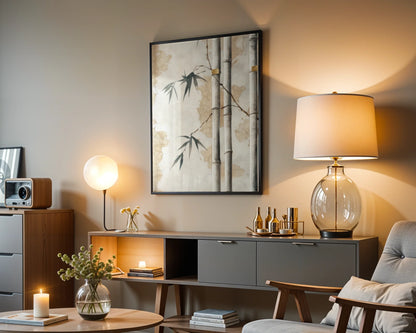 Bamboo Wall Art Japandi Style with Rope Bindings Canvas Print — Organic wall hanging showcasing bamboo shoots with hemp rope accents for tranquil interiors