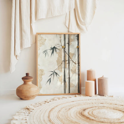 Bamboo Wall Art Japandi Style with Rope Bindings Canvas Print — Eastern aesthetic canvas print featuring bamboo rods and woven twine for peaceful home styling