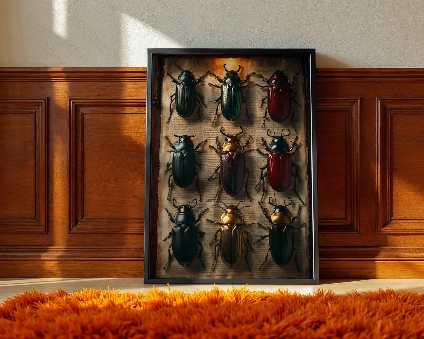 Beetle Specimen Art Nine Jewel Toned Insects in room