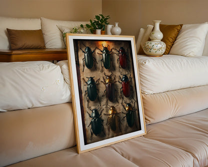 Beetle Specimen Art Nine Jewel Toned Insects in room