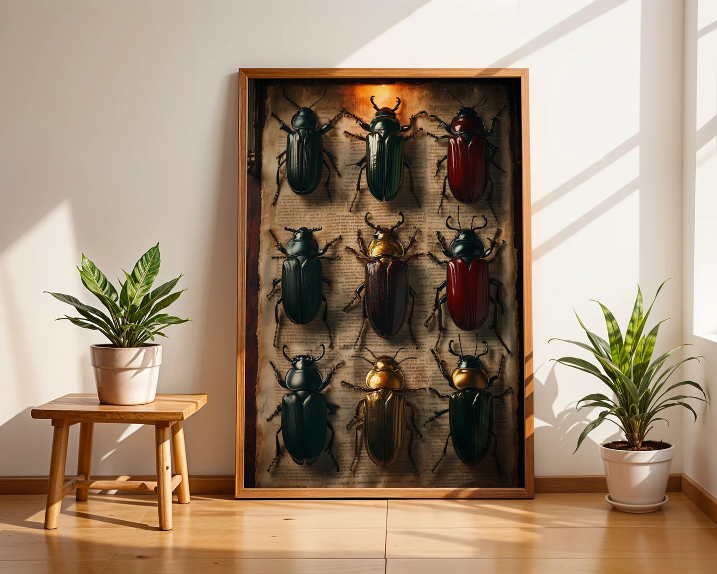 Beetle Specimen Art Nine Jewel Toned Insects Canvas Print — Weathered scientific illustration with nine insects arranged on handwritten pages for rustic decor