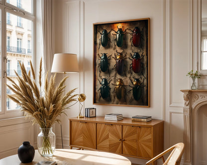 Beetle Specimen Art Nine Jewel Toned Insects Canvas Print — Atmospheric canvas displaying curated bug specimens over old documents for dramatic room styling