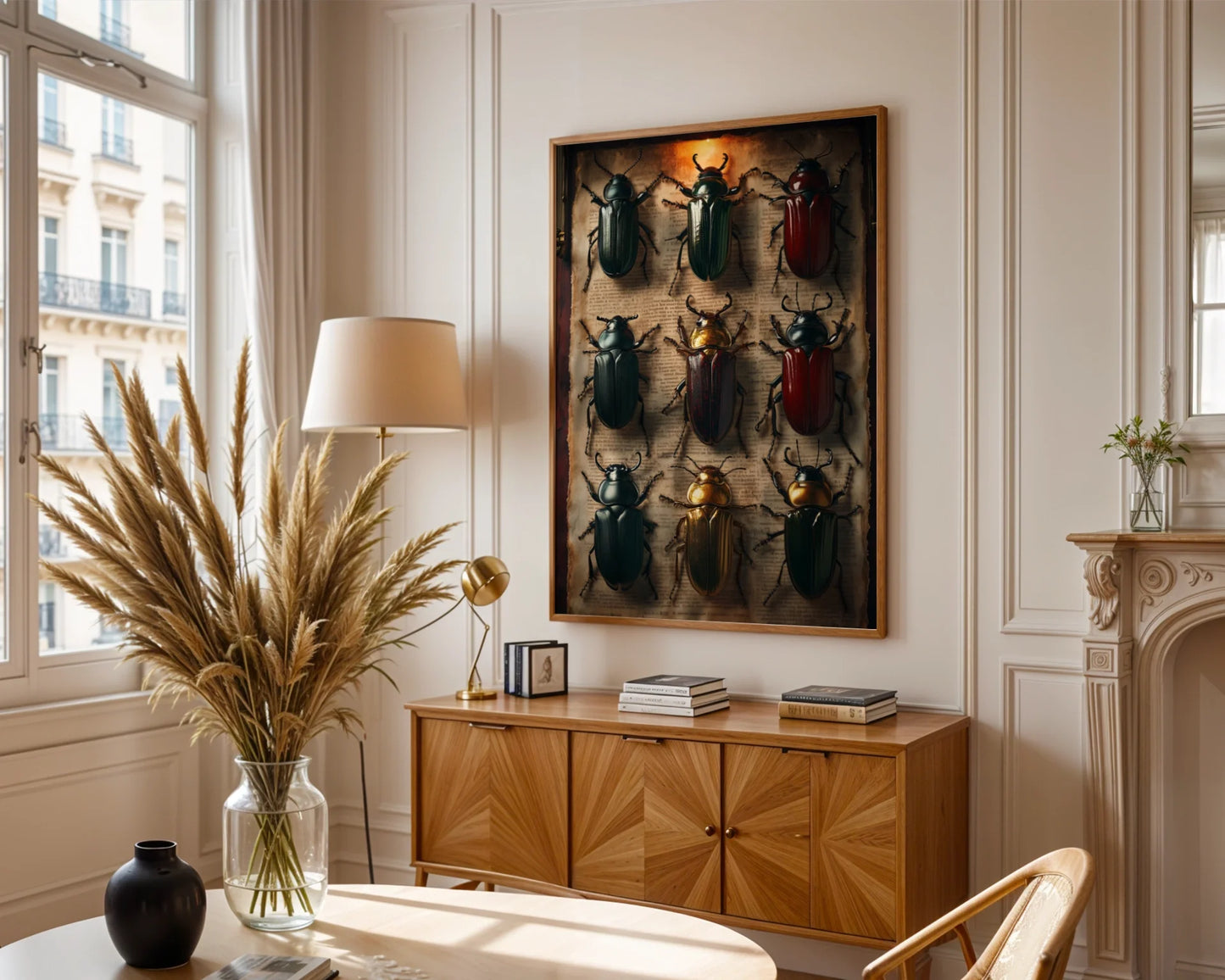 Beetle Specimen Art Nine Jewel Toned Insects in room