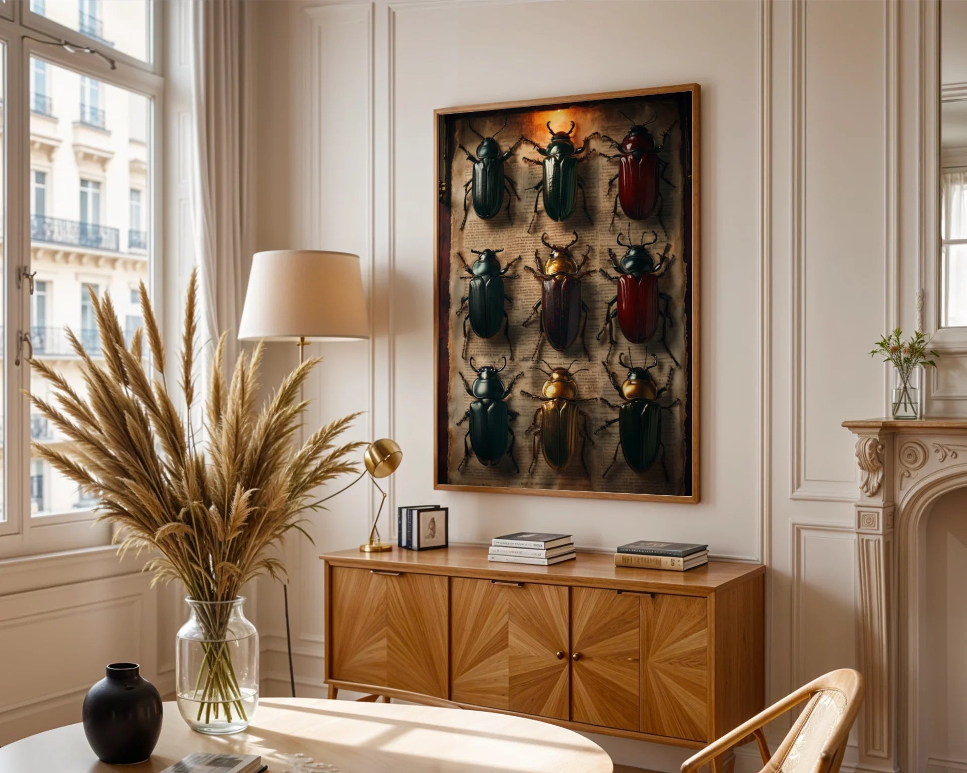Beetle Specimen Art Nine Jewel Toned Insects in room