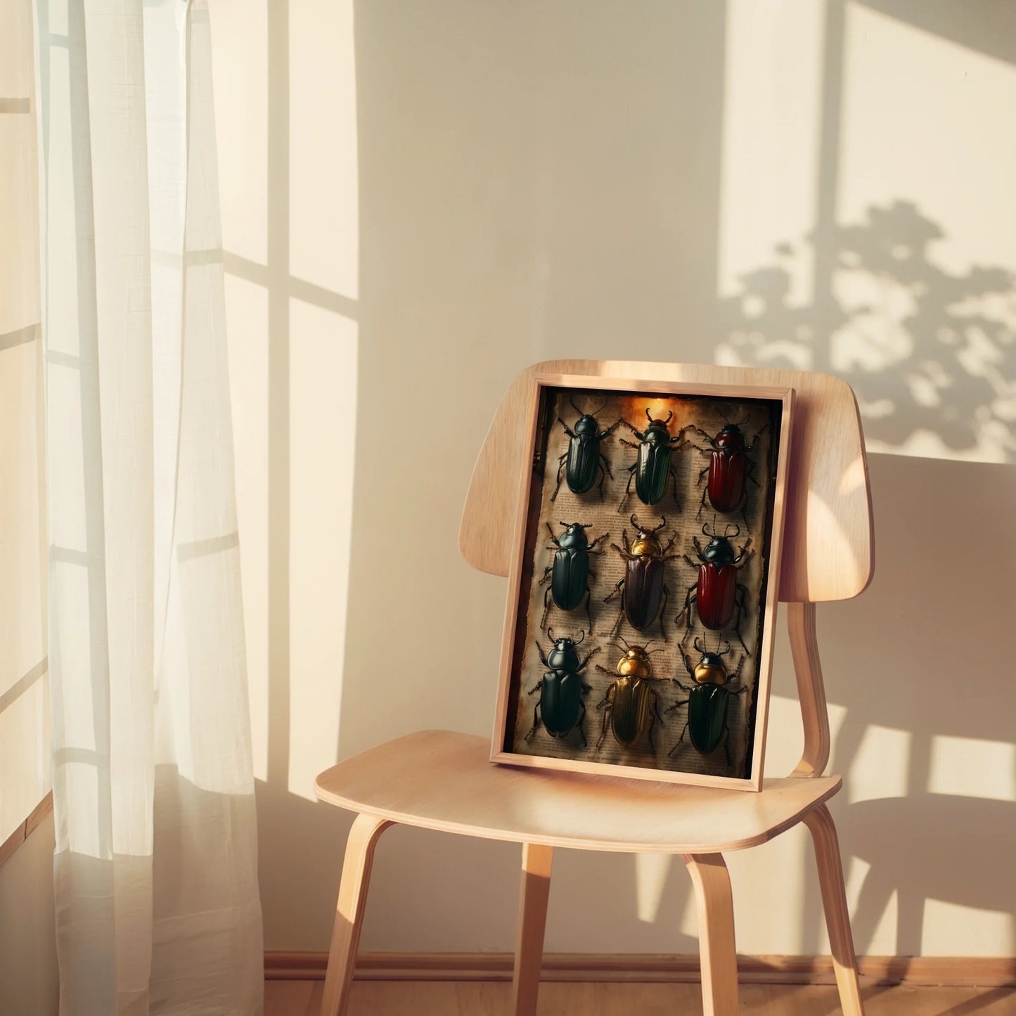 Beetle Specimen Art Nine Jewel Toned Insects in room