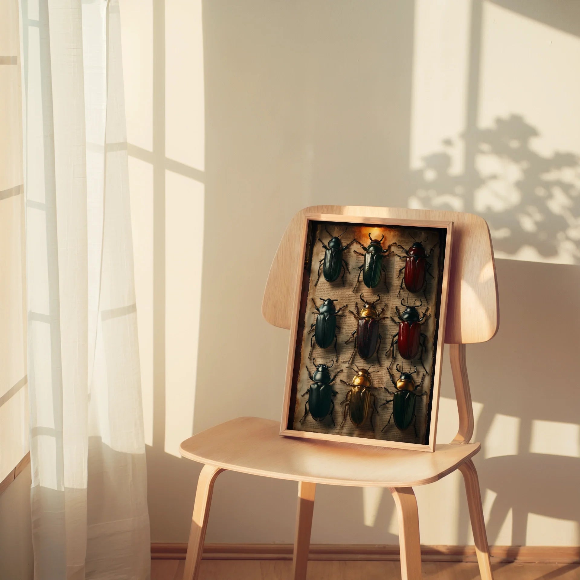 Beetle Specimen Art Nine Jewel Toned Insects in room