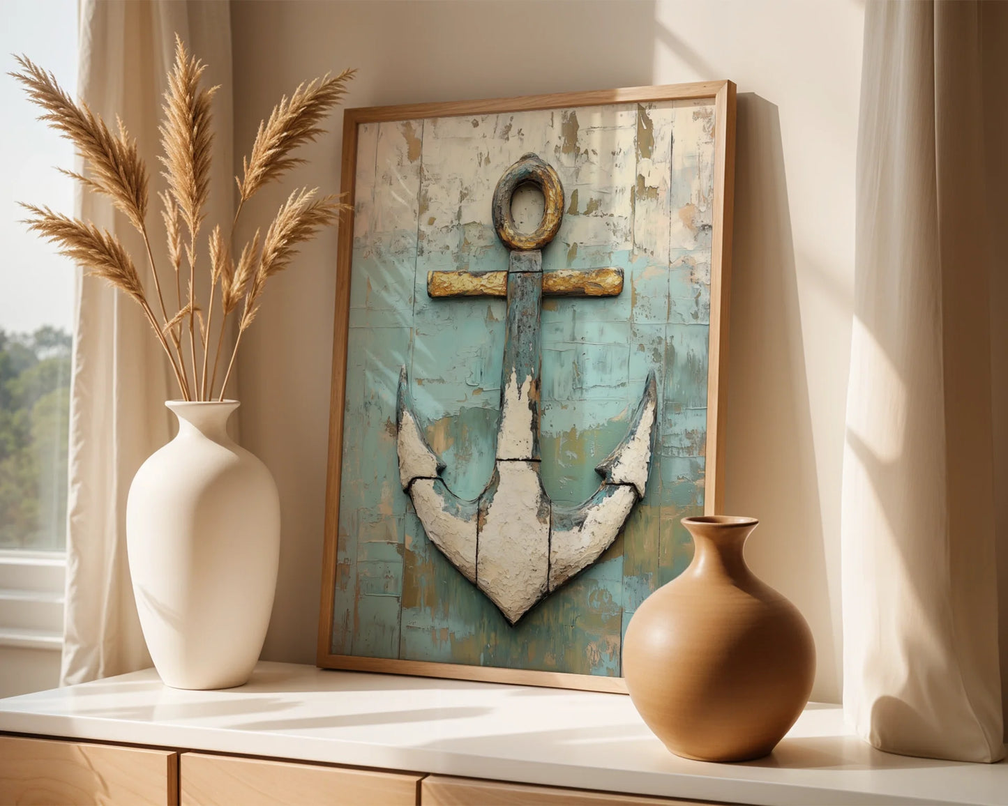Nautical Anchor Distressed Wood Canvas Wall Art Coastal Decor — Countryside ocean artwork displaying aged seafaring canvas for traditional home styling