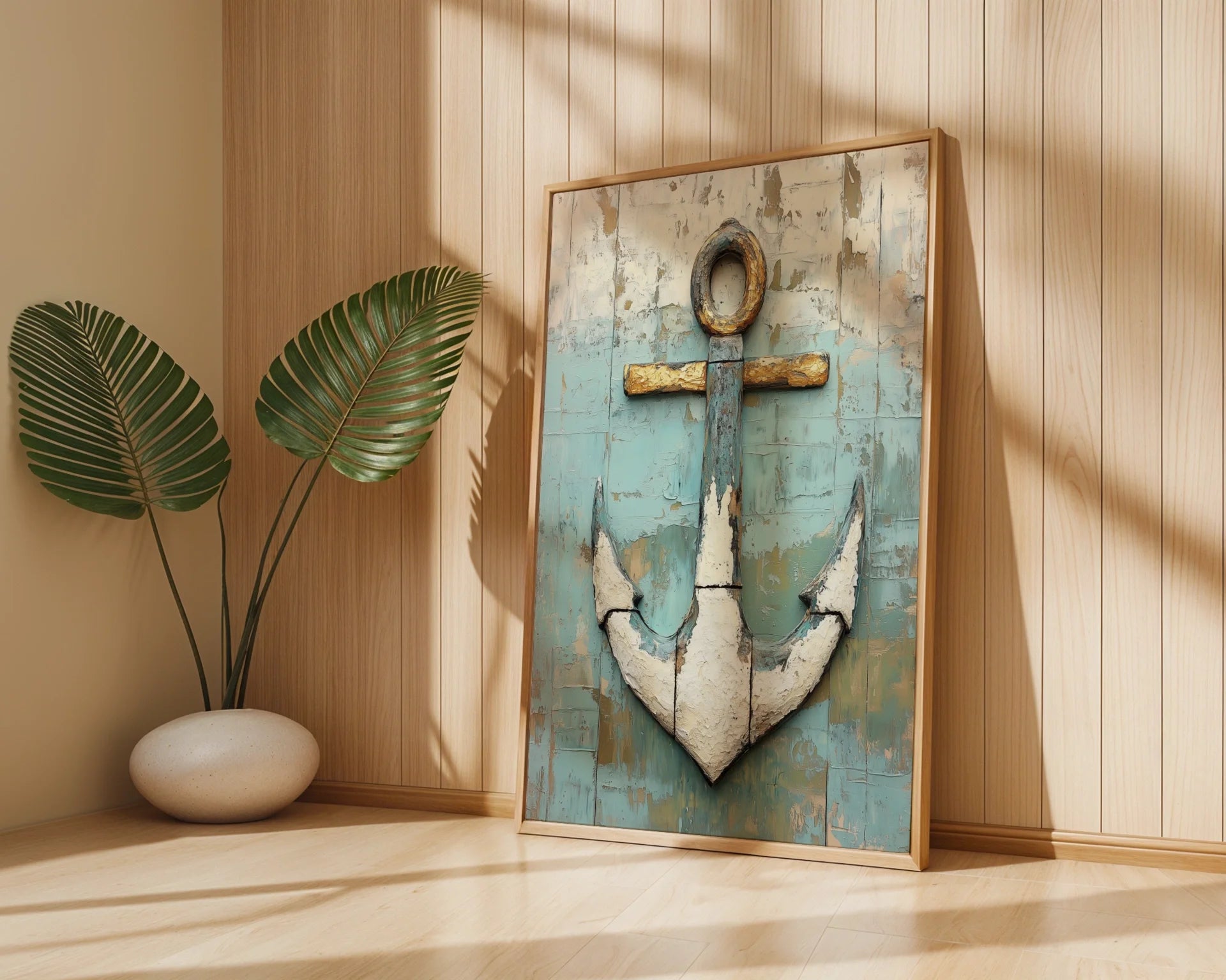 Nautical Anchor Distressed Wood Canvas Wall Art Coastal Decor — Timeworn seaside print featuring barnacle-crusted harbor symbol for lakehouse home decor