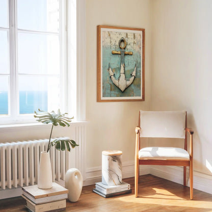 Nautical Anchor Distressed Wood Canvas Wall Art Coastal Decor — Soft aquamarine tones blend with cream hues in textured maritime canvas for serene decor