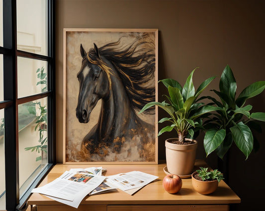 Dark Horse Painting Gold Accents Stallion Canvas Wall Art — Sophisticated equestrian artwork featuring wind-swept stallion for contemporary home design aesthetic