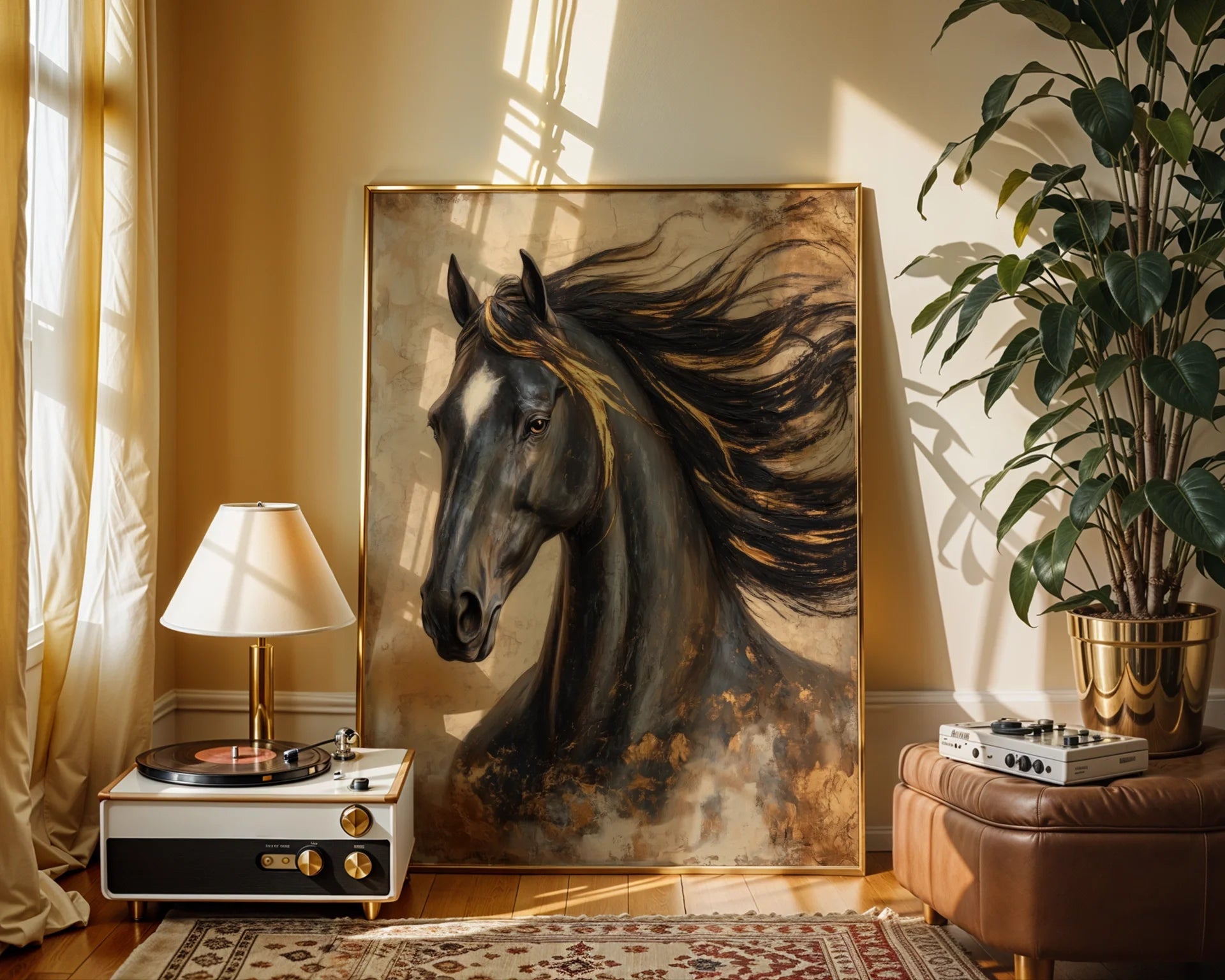 Dark Horse Painting Gold Accents Stallion in room
