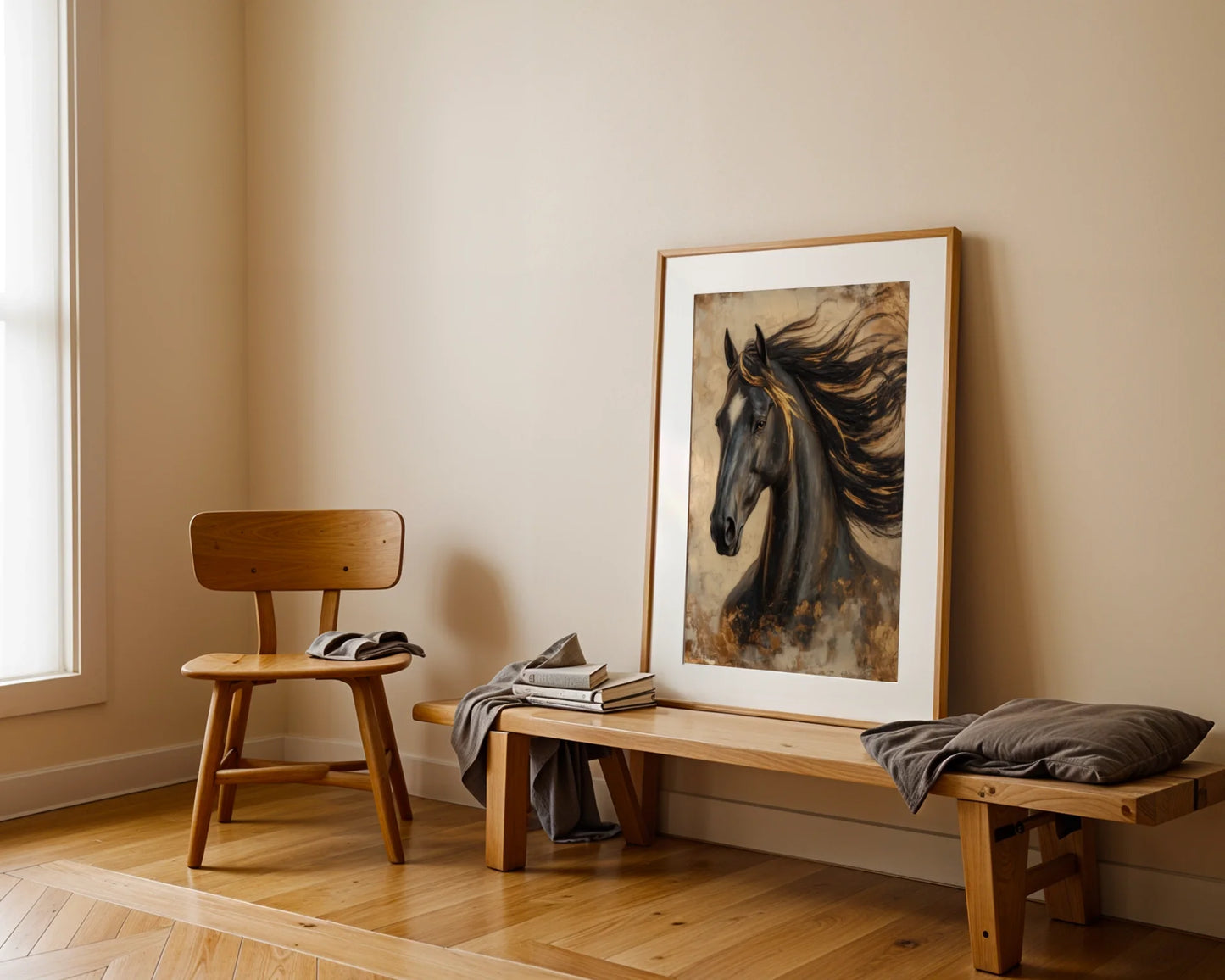 Dark Horse Painting Gold Accents Stallion in room