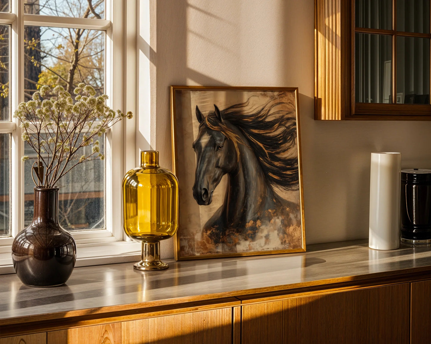 Dark Horse Painting Gold Accents Stallion in room