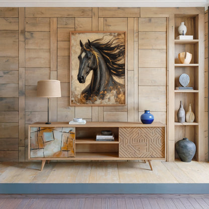Dark Horse Painting Gold Accents Stallion Canvas Wall Art — Sleek stallion canvas art showcased in minimalist setting with metallic accent touches