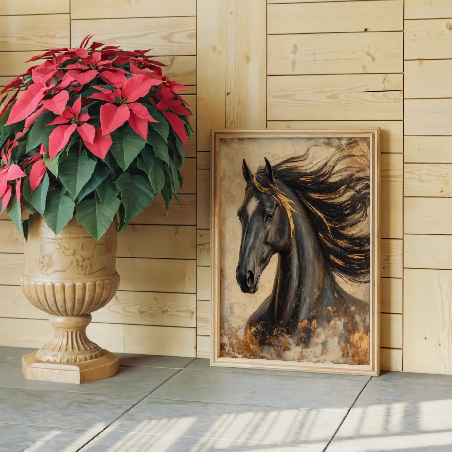 Dark Horse Painting Gold Accents Stallion Canvas Wall Art — Rich charcoal tones blend with warm golden highlights in textured equine canvas for refined spaces