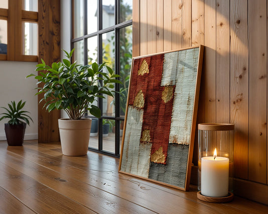 Gold Leaf Temple Fragments Boho Canvas Wall Art Rust Pearl — Bohemian canvas print with ancient architecture details displayed in minimalist home decor setting